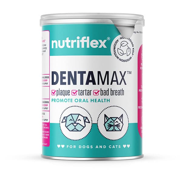 Nutriflex Dentamax Dental Powder For Dogs And Cats - 180G Can. Promotes Oral Health By Targeting Plaque, Tartar, And Bad Breath. Features Norwegian Kelp. Ideal For Maintaining Clean Teeth And Healthy Gums In Pets.