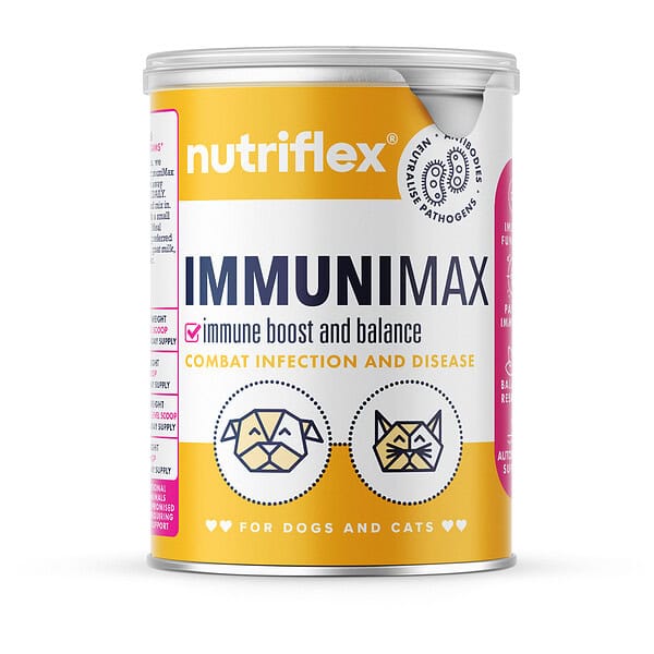 Brightly Coloured Nutriflex Immunimax Container Featuring Colostrum Supplements For Dogs, With A Clear Emphasis On Immune Boost And Balance For Pets, Front And Center For Consumer Appeal