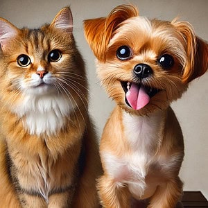 A Cute, Fluffy Cat With A Golden-Brown Coat Sits Calmly Next To An Energetic Small Dog With Short Fur, Its Tongue Playfully Sticking Out. Both Pets Look Healthy And Happy, Reflecting The Benefits Of Using Dentamax, South Africa'S Market Leading Proden Plaqueoff Alternative Dental Powder For Cats And Dogs To Maintain Their Oral Hygiene And Reduce Plaque And Tartar Buildup.