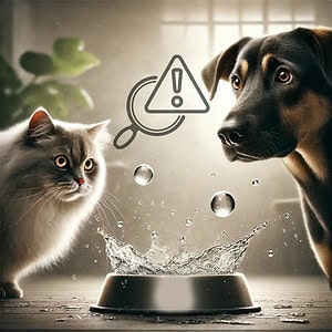 A Concerned Dog And Cat Cautiously Stare At A Splashing Water Bowl. Subtle Hazard Symbols Float In The Air Above The Water, Indicating The Potential Dangers Of Dental Water Additives For Dogs. The Soft, Natural Background, Including Light And Plants, Highlights The Cautionary Theme Of Hidden Risks In Pet Dental Care